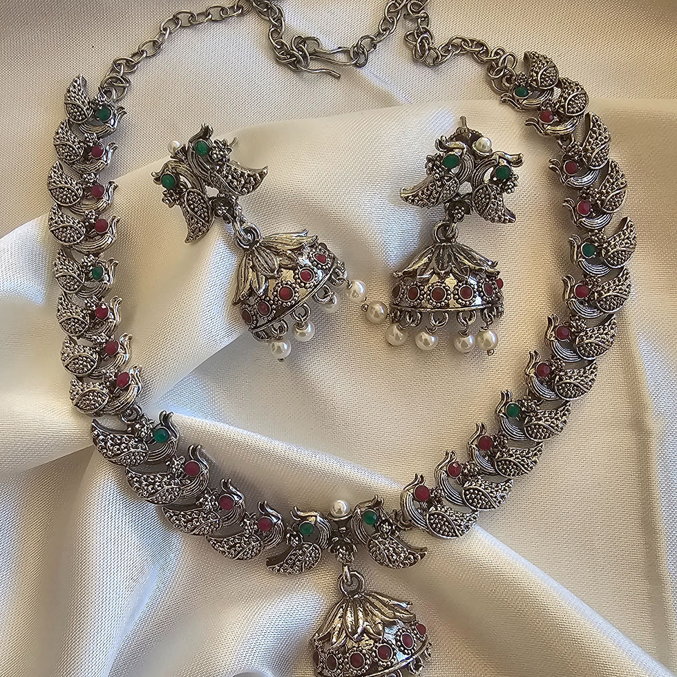 Thumbnail: Shikha Oxidized Peacock Jhumka Set- Only 1 Available 