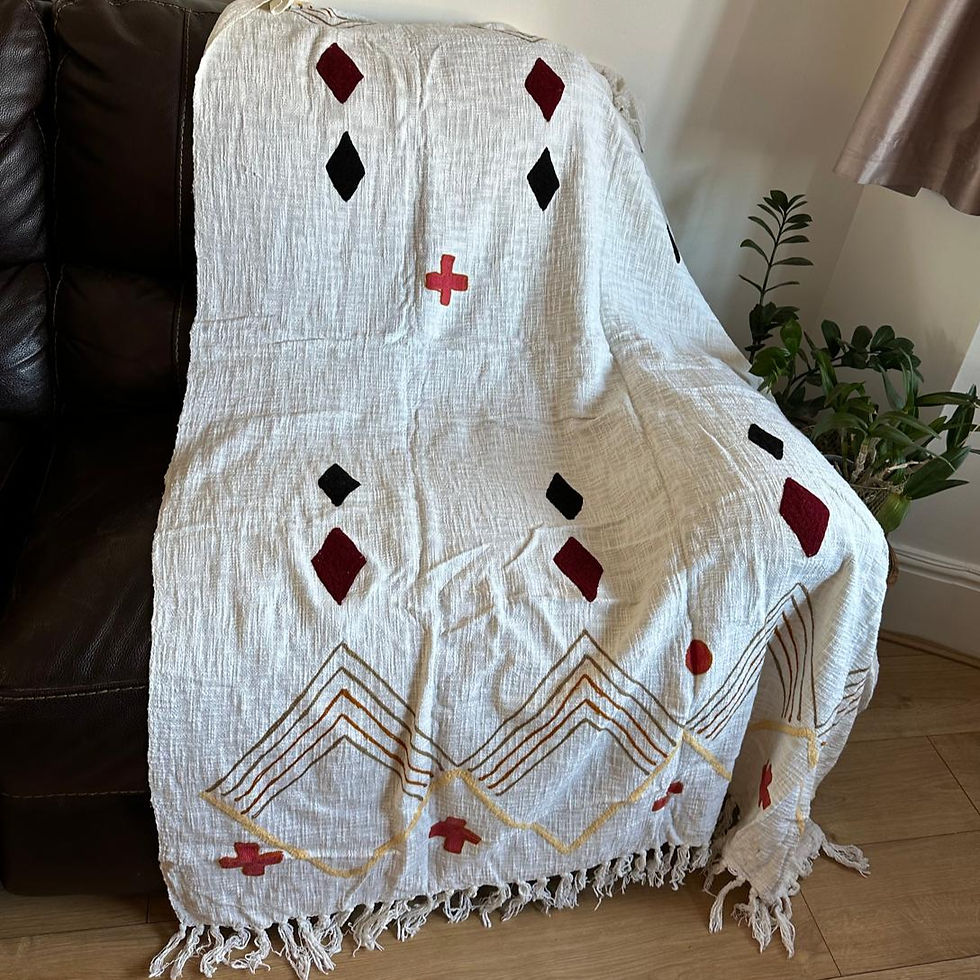 Off-white handloomed cotton throw with raised diamond geometric patterns and large tassels.