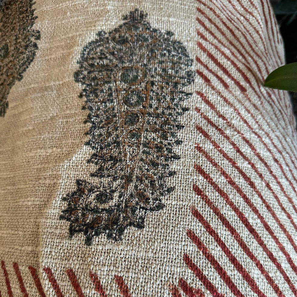 Thumbnail: Large olive green and mehendi floral hand-block pattern on ivory Syahi Begar throw.