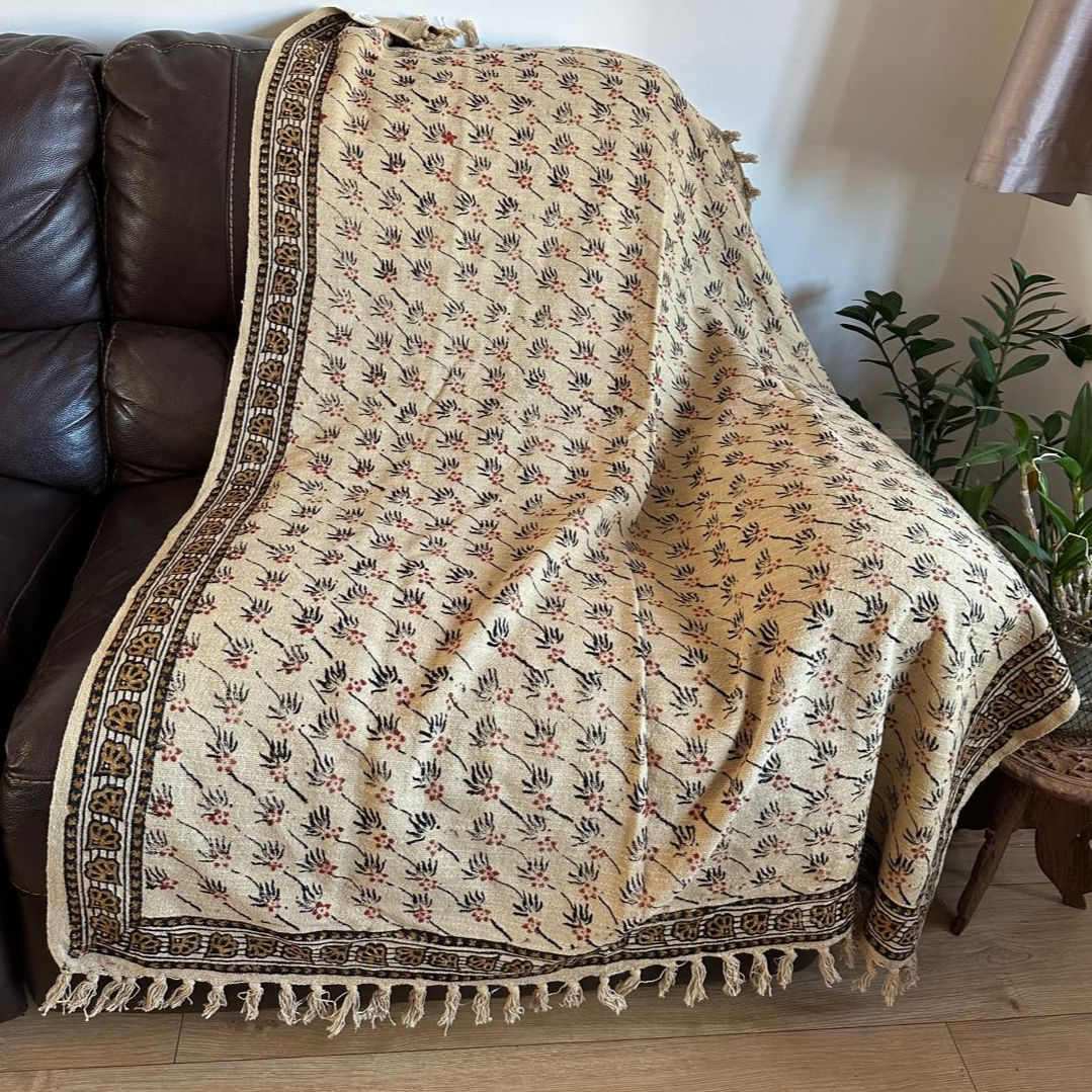 Traditional Syahi Begar small floral hand-block pattern on black handloomed cotton throw.