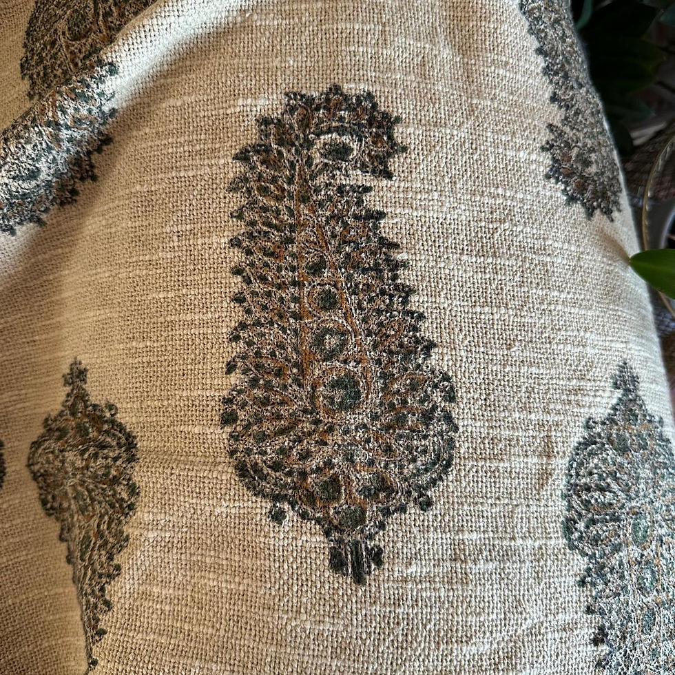 Large olive green and mehendi floral hand-block pattern on ivory Syahi Begar throw.