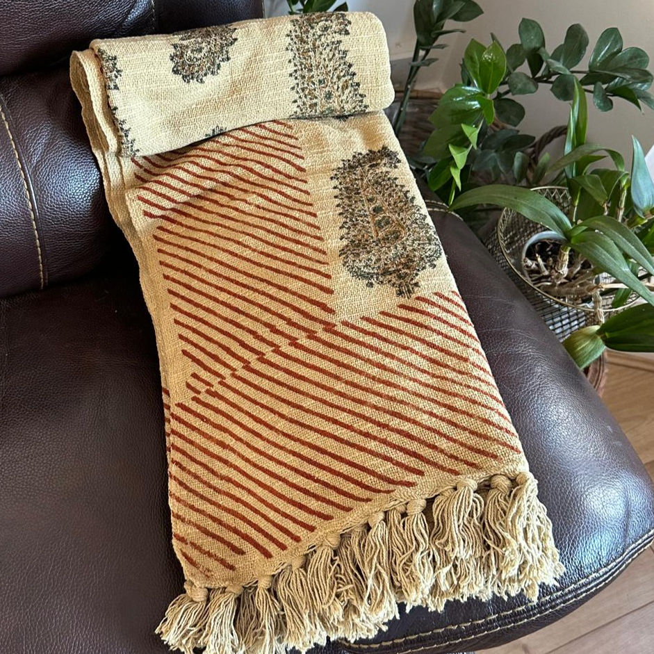 Thumbnail: Large olive green and mehendi floral hand-block pattern on ivory Syahi Begar throw.