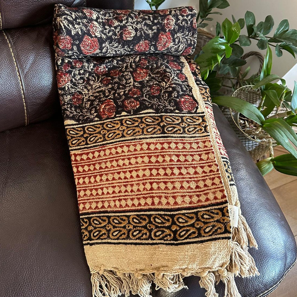 Intricate black Syahi Begar and Kalamkari style floral hand-block pattern on ivory cotton throw.