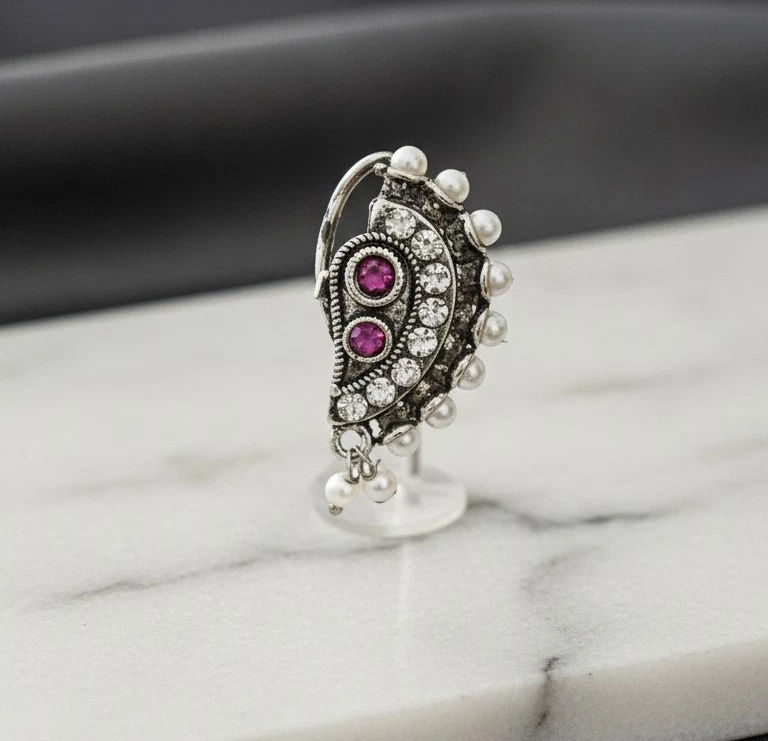 Zivara Chandra oxidised clip-on nose pin with ruby pink stones with pearl droplets, traditional Indian