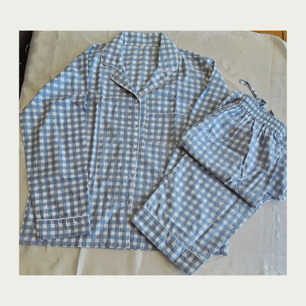Thumbnail: Sky-Blue Check Cambric Cotton Long PJ Set – Soft Cotton Sleepwear & Loungewear