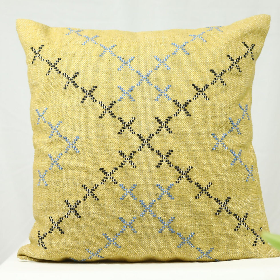Sia 18x18 yellow cotton cushion cover by ZivaraJewels with black and blue Moroccan style geometric cross embroidery.