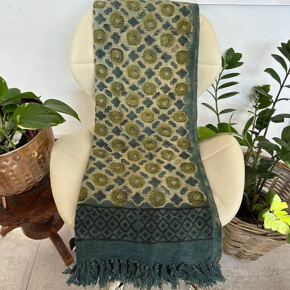 Hand-block printed indigo and mud-yellow cotton throw with floral motifs and decorative tassels.