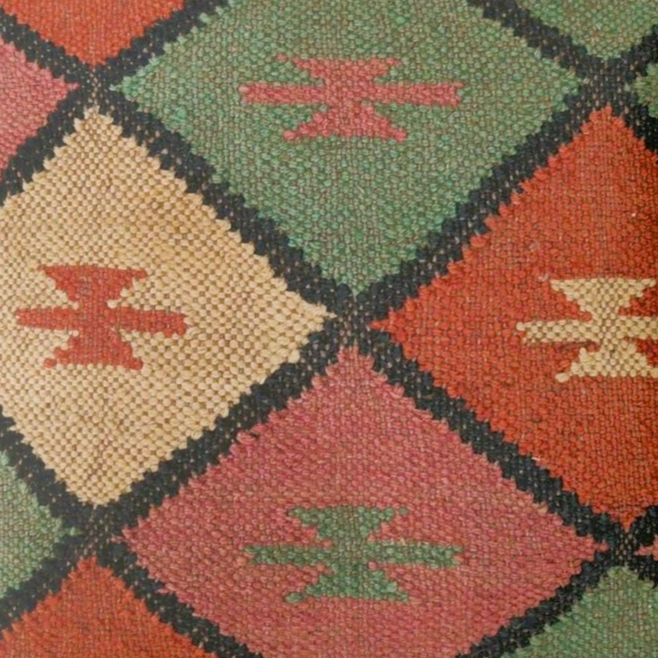 Kaya 18x18 forest green and clay red hand-woven Kilim cushion cover by ZivaraJewels with harlequin diamond pattern.