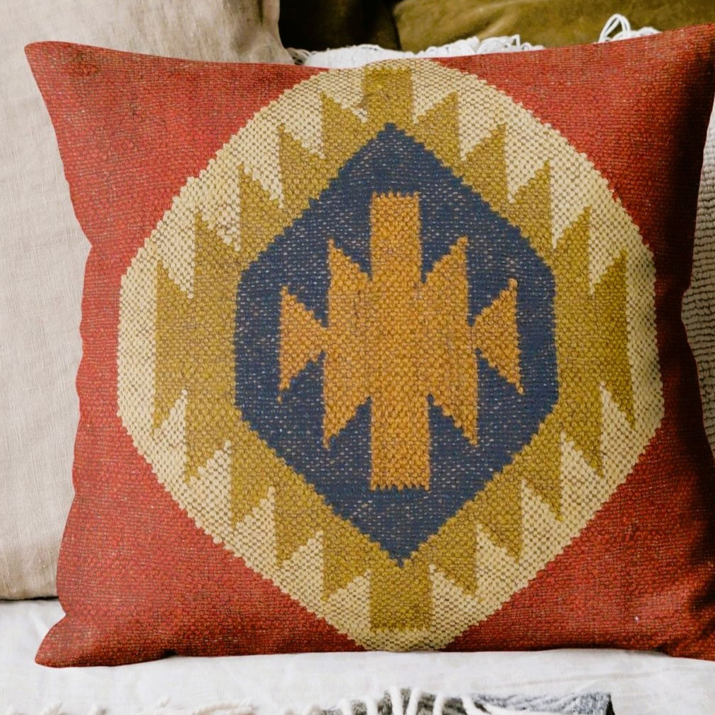 Ziya 18x18 terracotta Kilim cushion cover by ZivaraJewels with mustard and navy geometric sunburst diamond.
