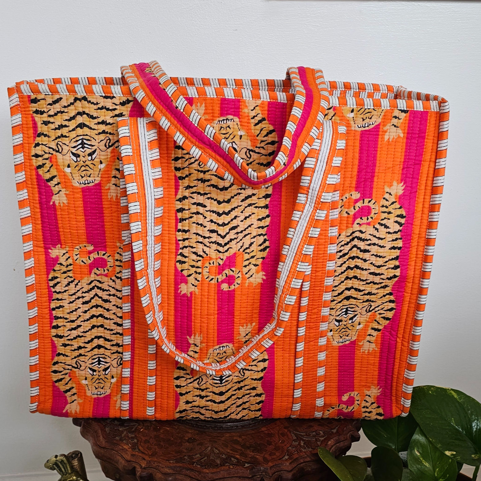Tiger block print cotton quilted tote bag in sunset orange and pink stripes with shoulder straps