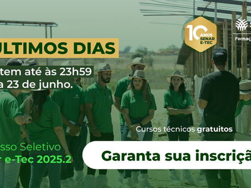 Últimos dias para as inscrições dos Cursos Técnicos gratuitos do Sistema Faesc/Senar
