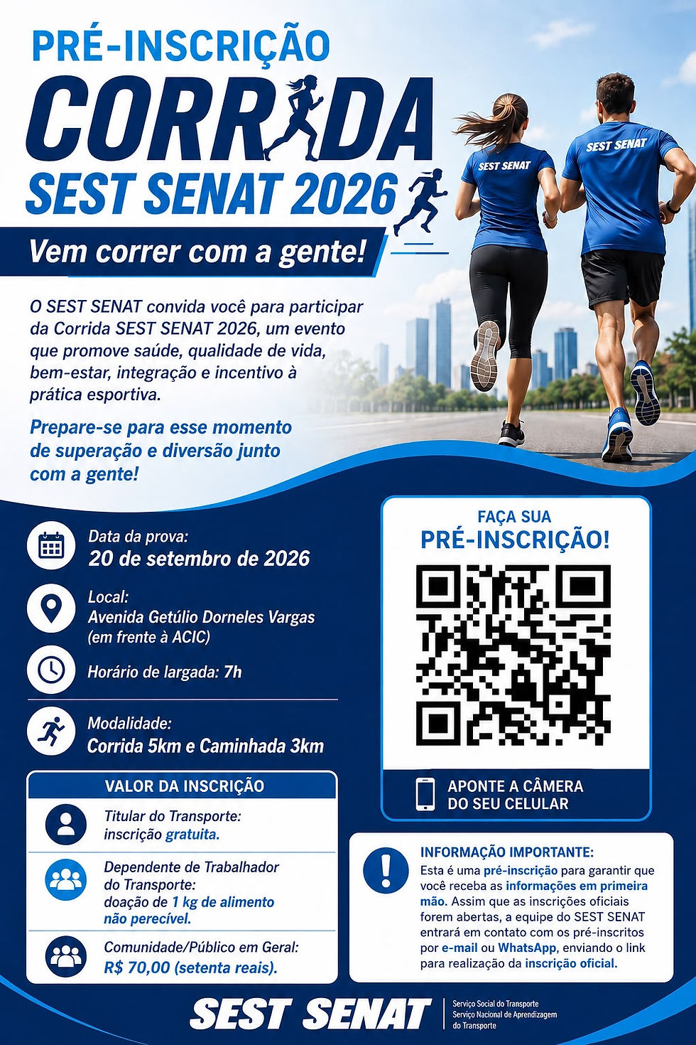 ABERTAS PRÉ-INSCRIÇÕES DA CORRIDA E CAMINHADA SEST SENAT