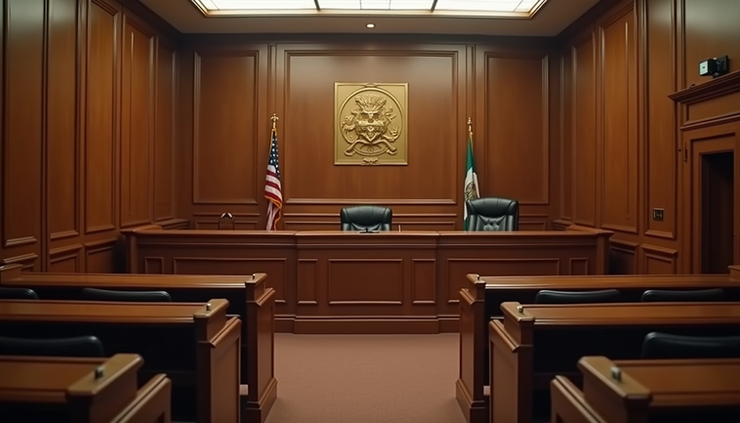 Eye-level view of a courtroom with a judge’s bench and empty witness stand