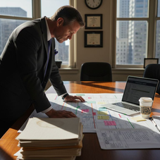 Attorney reviews pretrial logistics at office table