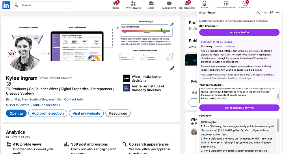 Wize Snaps for LinkedIn - A Chrome Extension. Instantly Generate a Decision Profile
