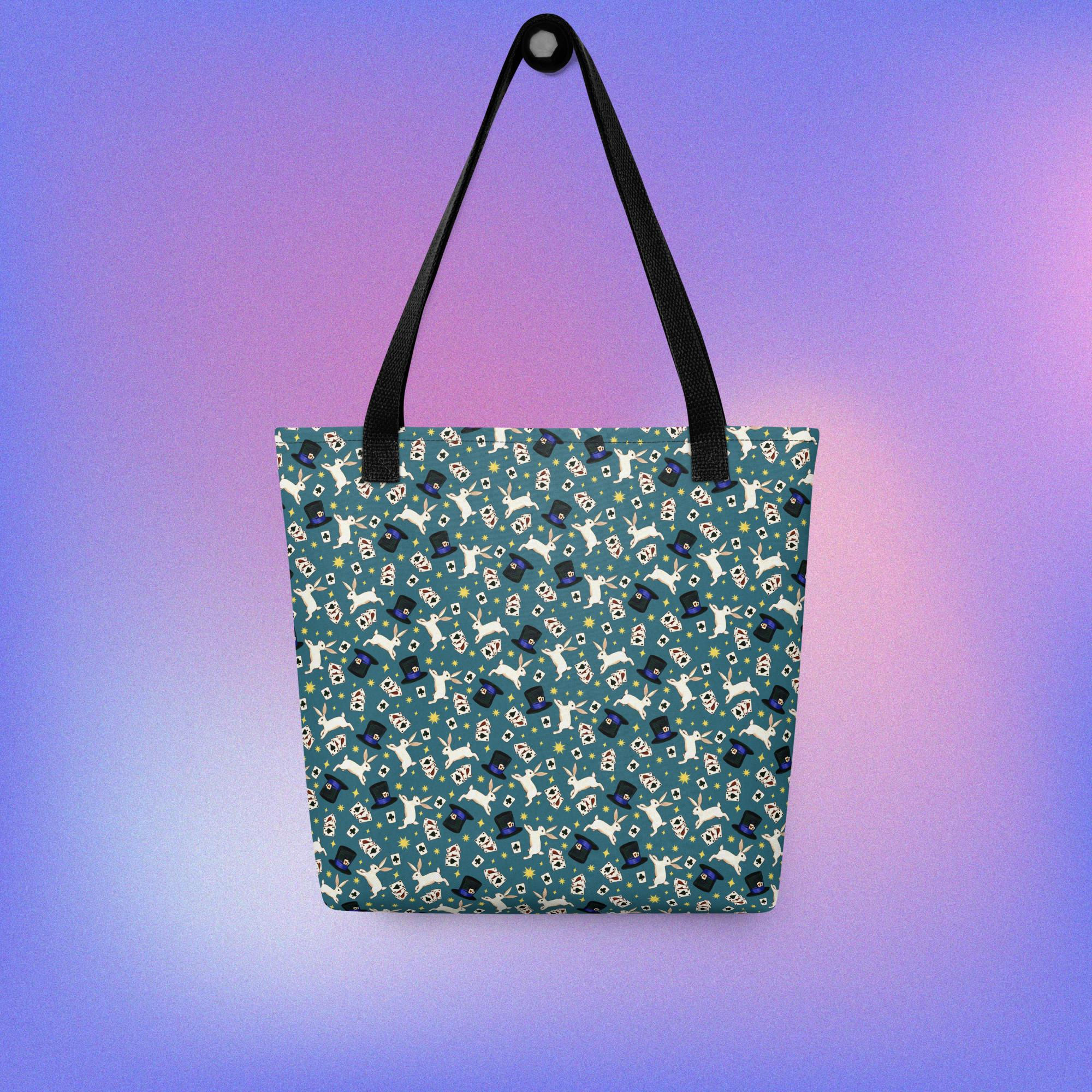 Magic Rabbit Tote Bag – Whimsical Top Hat & Playing Cards Print