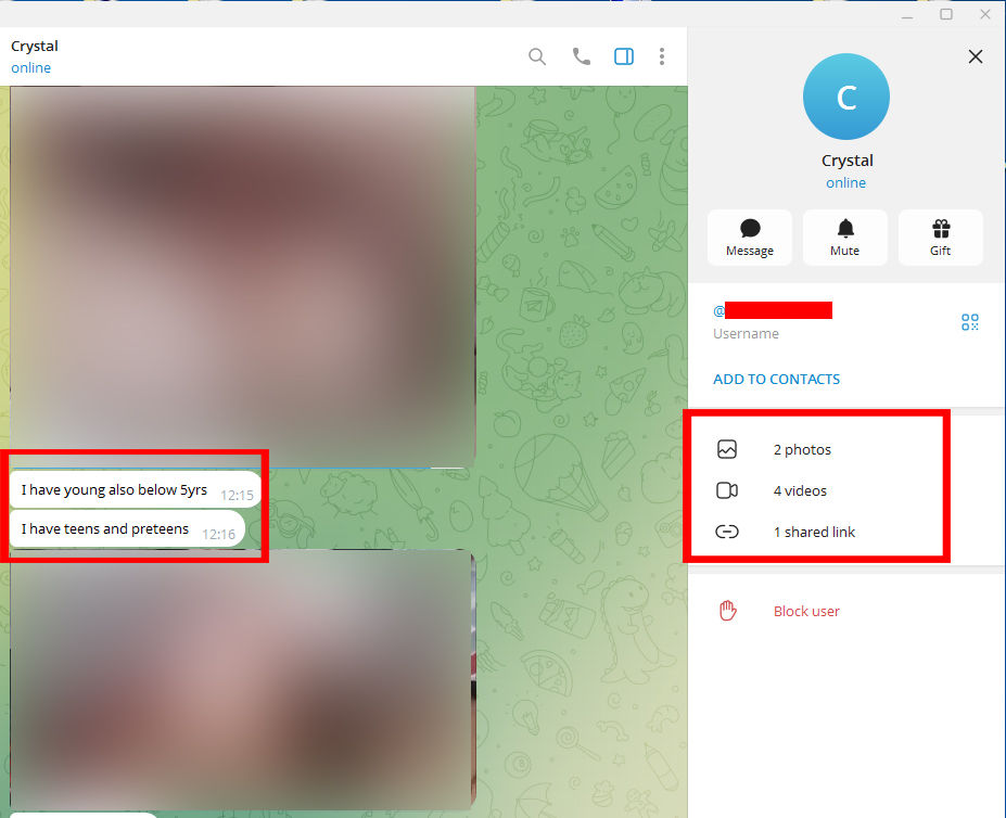 Plusieurs exemple de compte pédopornographique sur Telegram