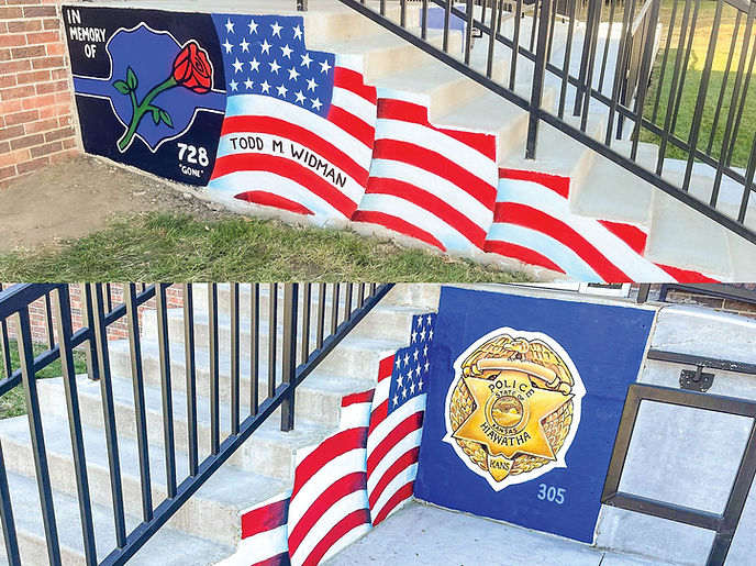 "HPD Honoring Officer Todd Michael Widman" mural by local artists Madelyn Gruber and Mathew Leahy of Hiawatha, Kansas