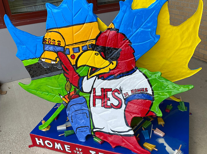 Maple leaf statue displayed by the Hiawatha Elementary School in Hiawatha, Kansas.