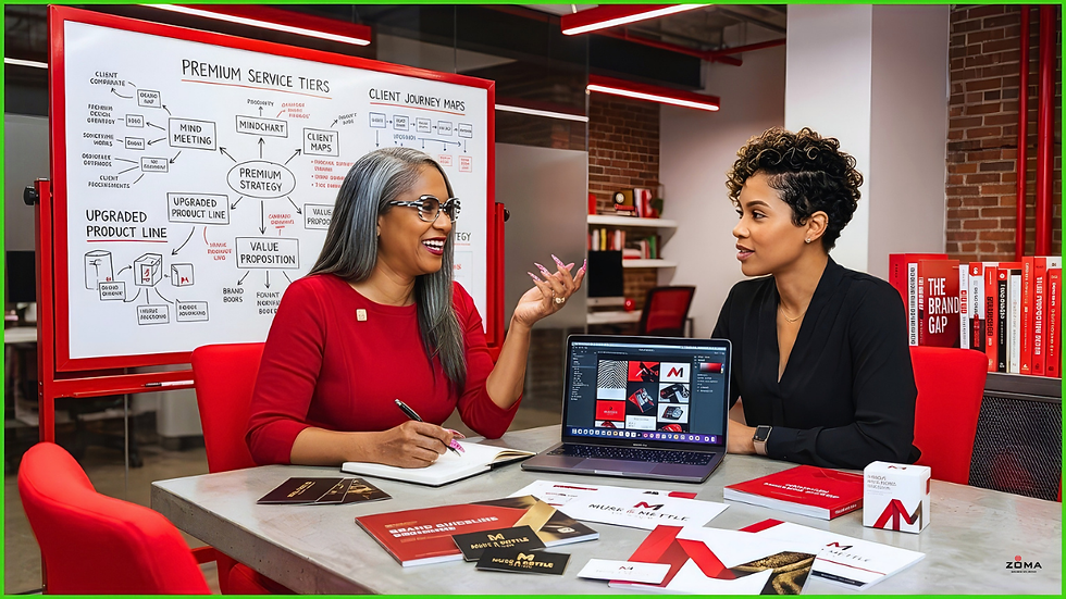 Two women at a table discuss brand strategy. One writes in a notebook; the laptop shows design concepts. A whiteboard details strategy.