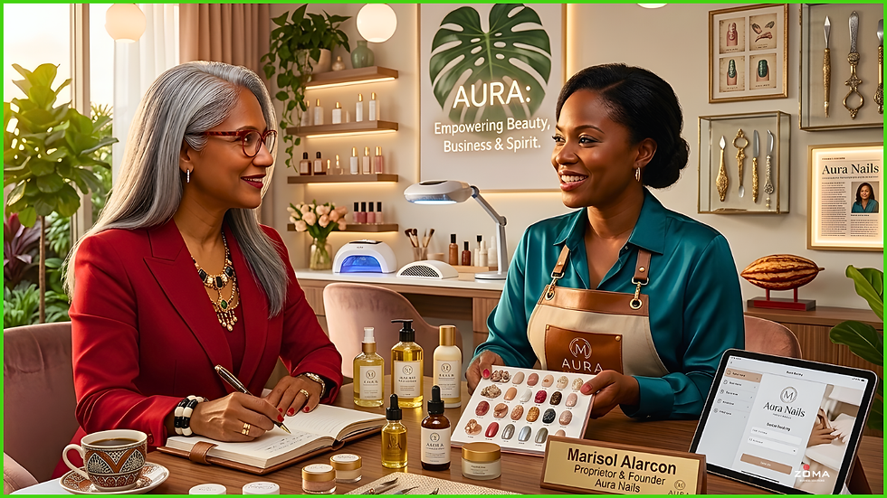 Two women smiling in a nail salon, one taking notes. Background shows shelves with products, plants, and a poster reading "AURA: Empowering Beauty."