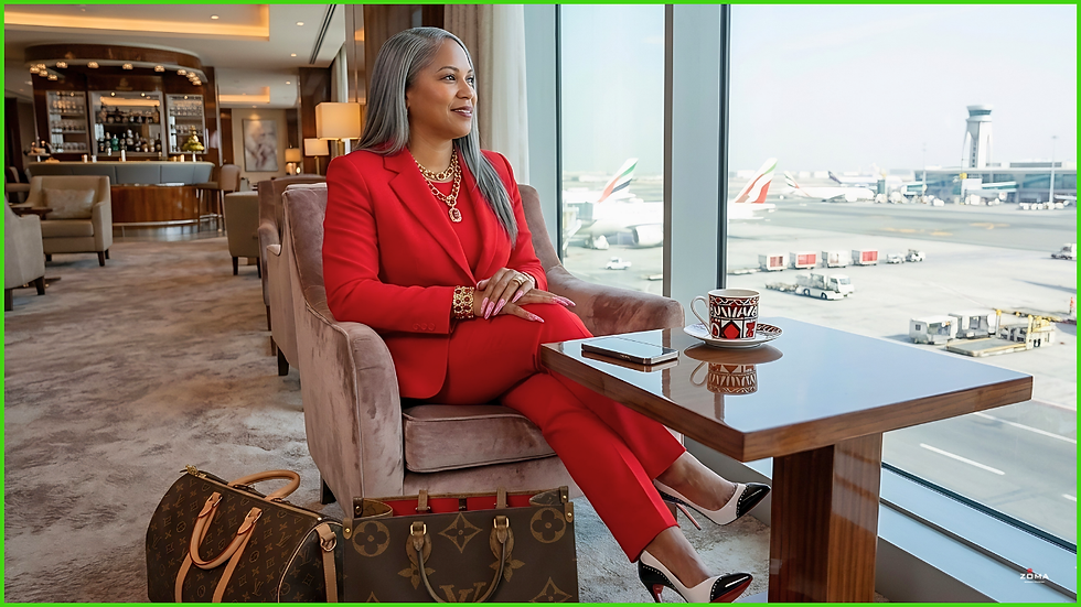 Woman in red suit sits in airport lounge, looking out window. Coffee and phone on table, airplane visible outside. Luxurious ambiance.