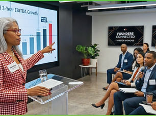 A woman in a red jacket presents a bar graph on screen to an attentive audience at a business event titled Founders Connected