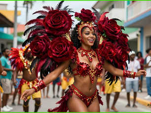 Carnival dancers in vibrant red and gold costumes, with feathered headdresses, smile and dance joyfully on a colorful street parade.