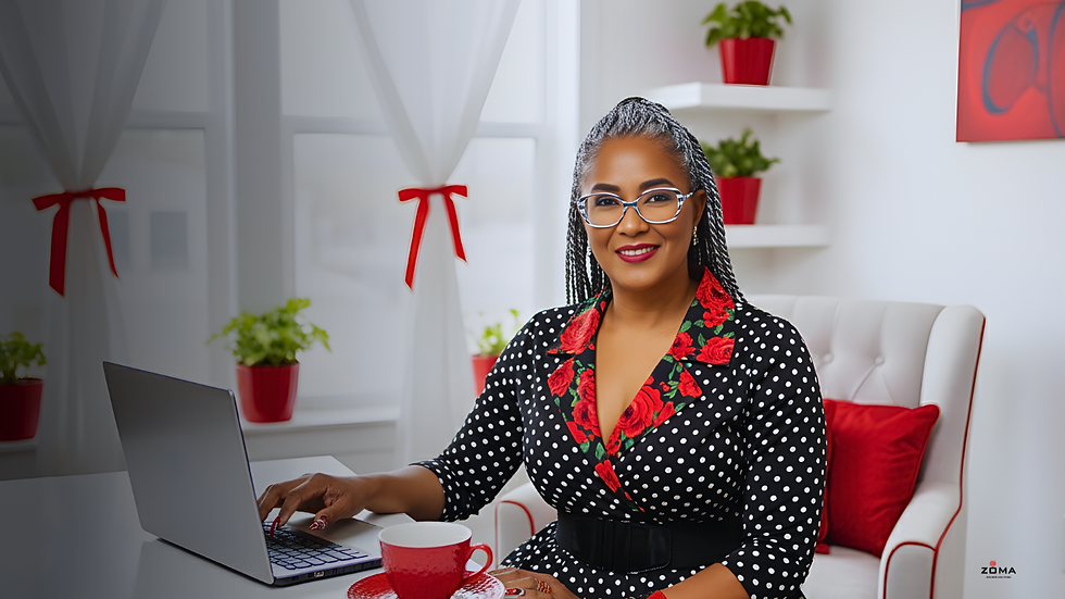 Woman in polka-dot dress sits at a table with a laptop and red teacup. White and red decor with plants in the background. Smiling.