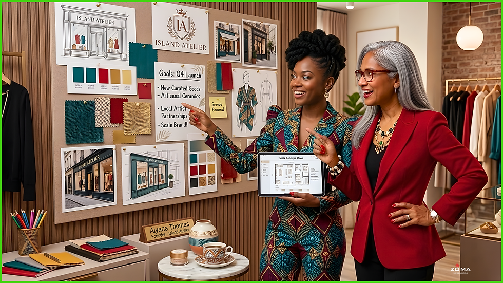 Two women smiling in a boutique, discussing a design board with fabric swatches and shop plans. One holds a tablet showing store layouts.
