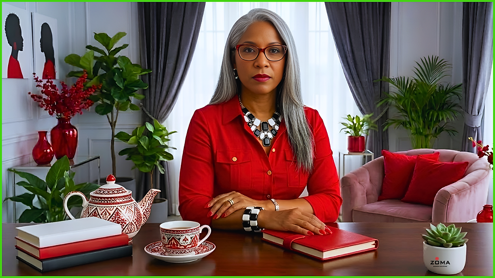 Woman in red sits at a table with books and tea set. Elegant room with plants and red accents. Calm, focused expression.