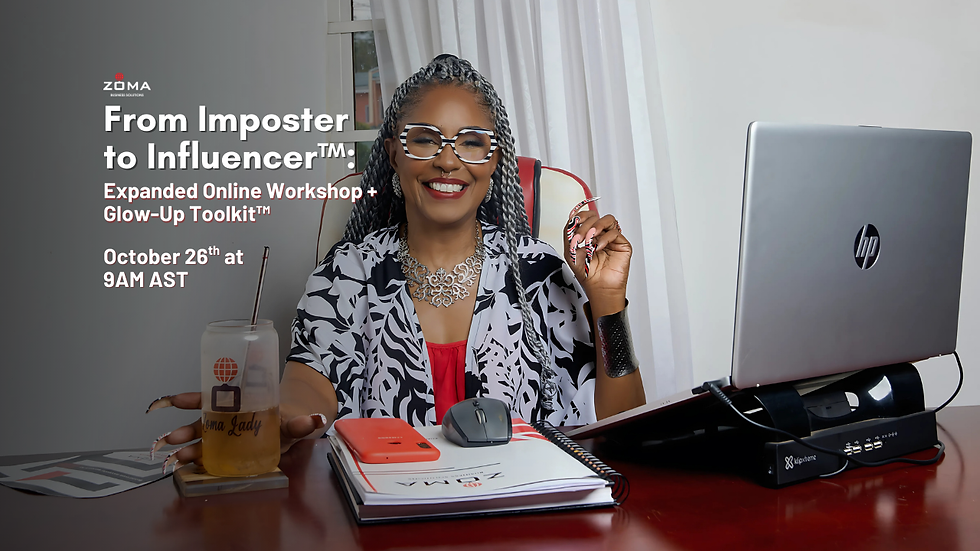 Smiling person with braided hair at a desk with a laptop and drink. Text: From Imposter to Influencer, workshop on October 26th, 9AM AST.