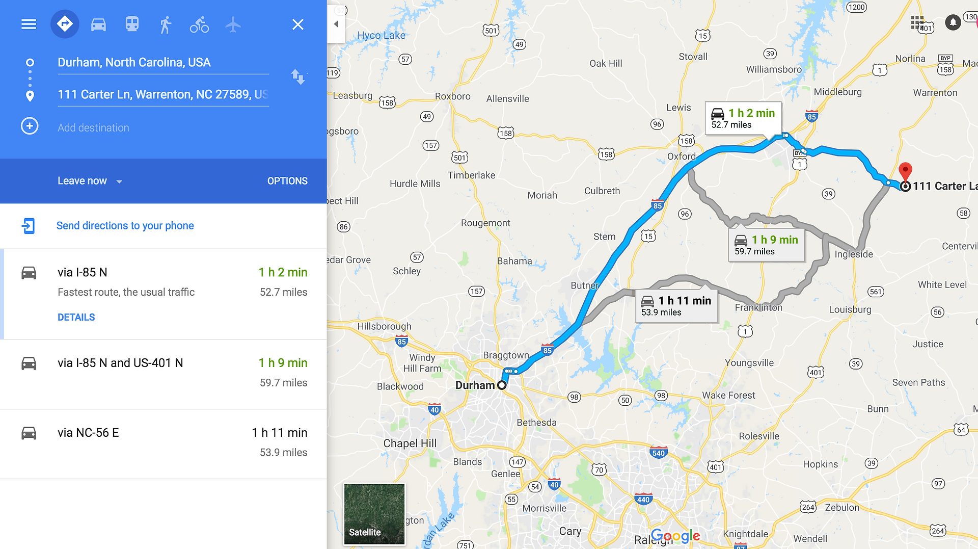 GoogleMaps - directions from Durham, North Carolina