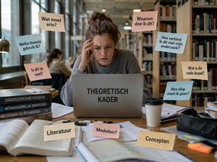Gestreste student in bibliotheek met laptop THEORETISCH KADER, omringd door post-its met onderzoeksvragen.