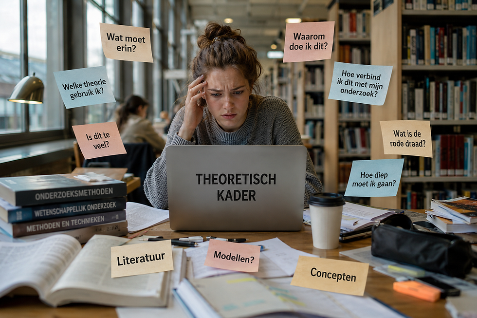 Gestreste student in bibliotheek met laptop THEORETISCH KADER, omringd door post-its met onderzoeksvragen.