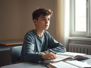 Tiener zit aan bureau en staart voor zich uit, moeite met beginnen aan schoolwerk
