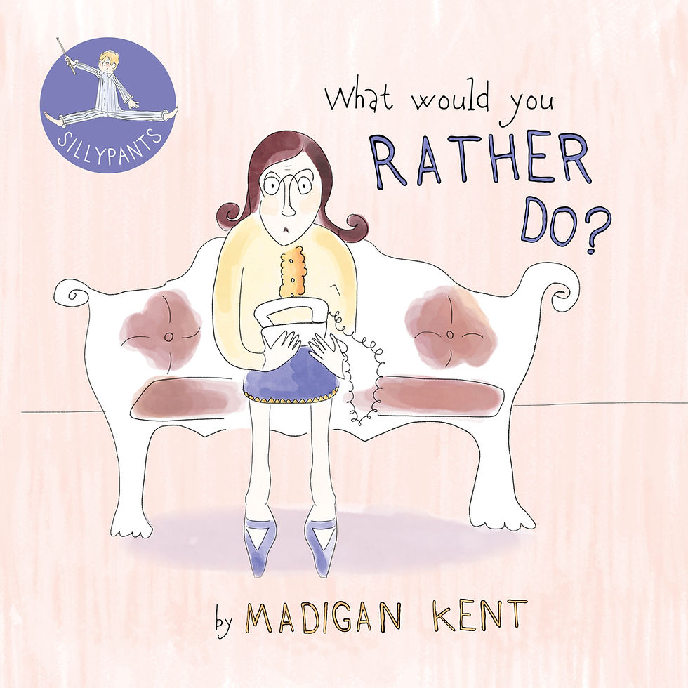 Cover image of "What Would You Rather Do?" by Madigan Kent, showing a woman sitting on a couch holding a telephone