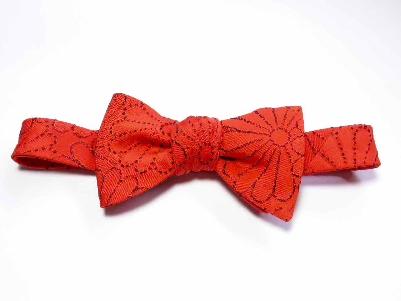 Bow Tie made from Vintage Japanese Kimono / Matelasse / Orange / Chrysanthemum
