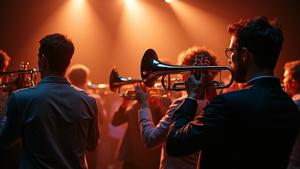 Eye-level view of a brass ensemble performing on stage