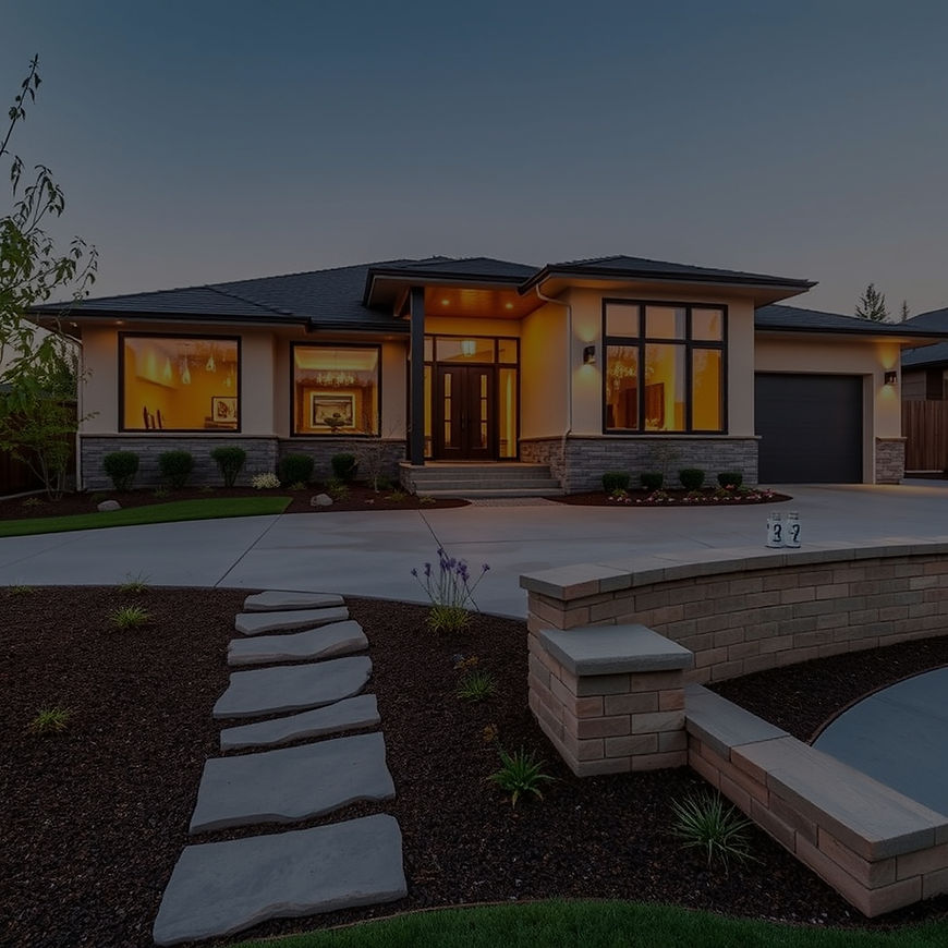 beautiful large 1 story modern home with large windows, concrete driveway, beautiful lands