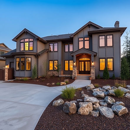 beautiful gray home with many large windows, concrete driveway, and river rock, and stone