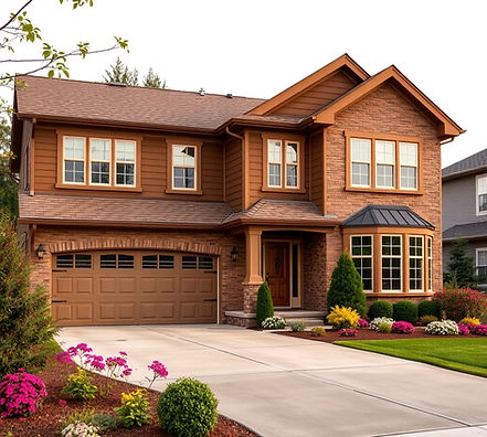 2 story brown suburban home with many windows, concrete driveway, and beautiful landscaping