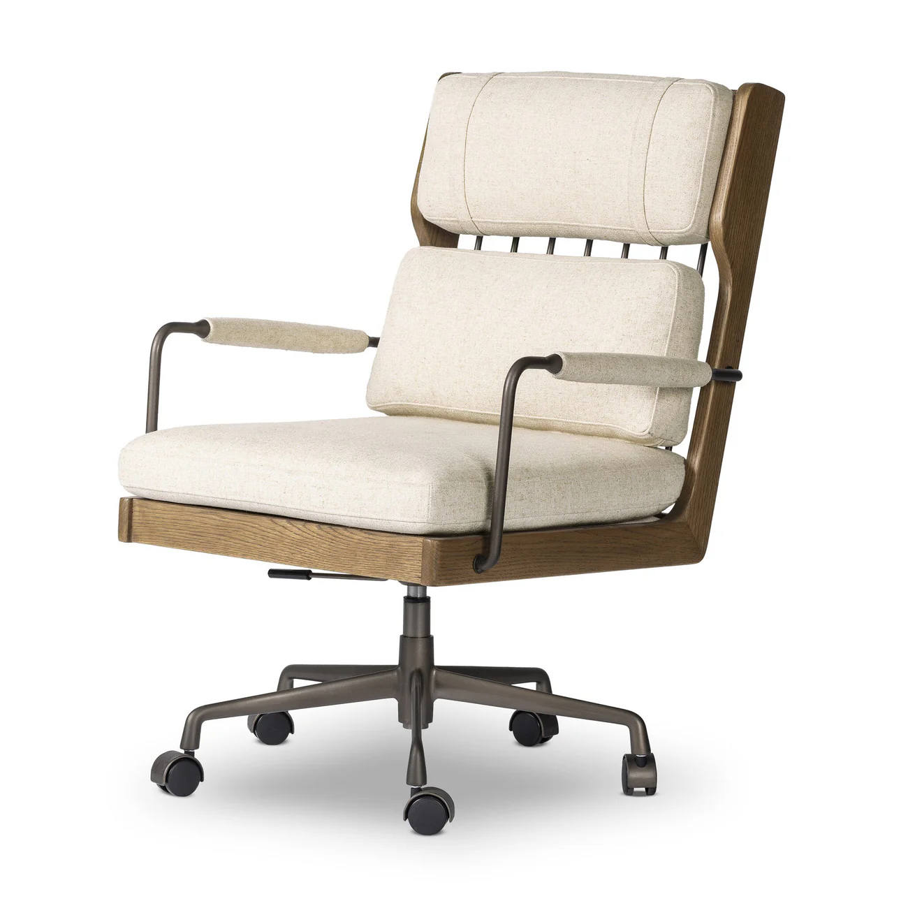 Wooden desk chair with flax cushions and spindle back detail