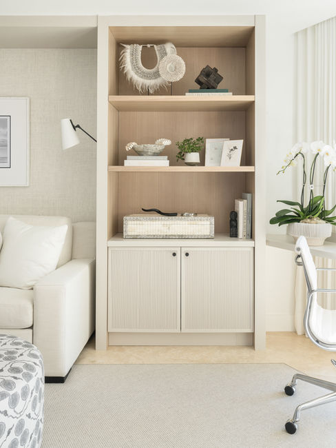Two tone oak and taupe built in cabinets with styled shelves by Miami Interior Designer The Habitat Collective