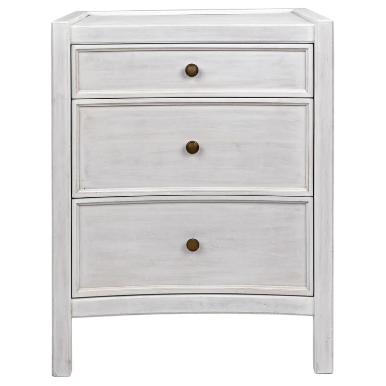 Whitewashed three drawer nightstand with curved front