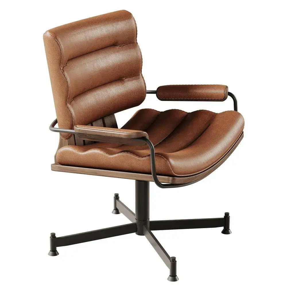 Wood and metal desk chair with rich channel tufted leather upholstery