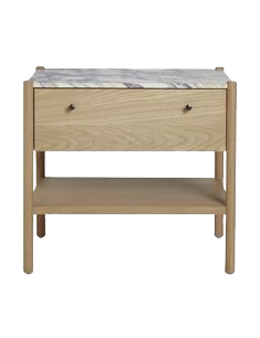 Modern oak one drawer nightstand with a  white and grey marble top