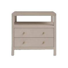 Taupe nightstand with display shelf and two drawers 