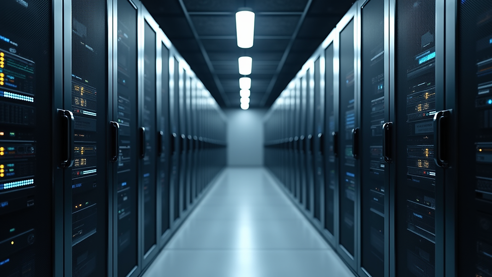 Eye-level view of a modern server room with network equipment