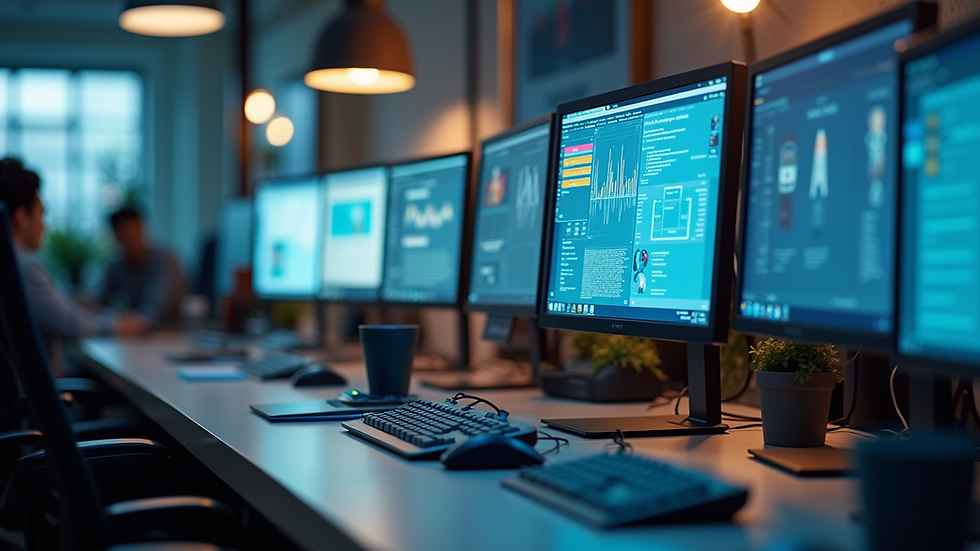 Eye-level view of a modern office workspace with multiple computer screens